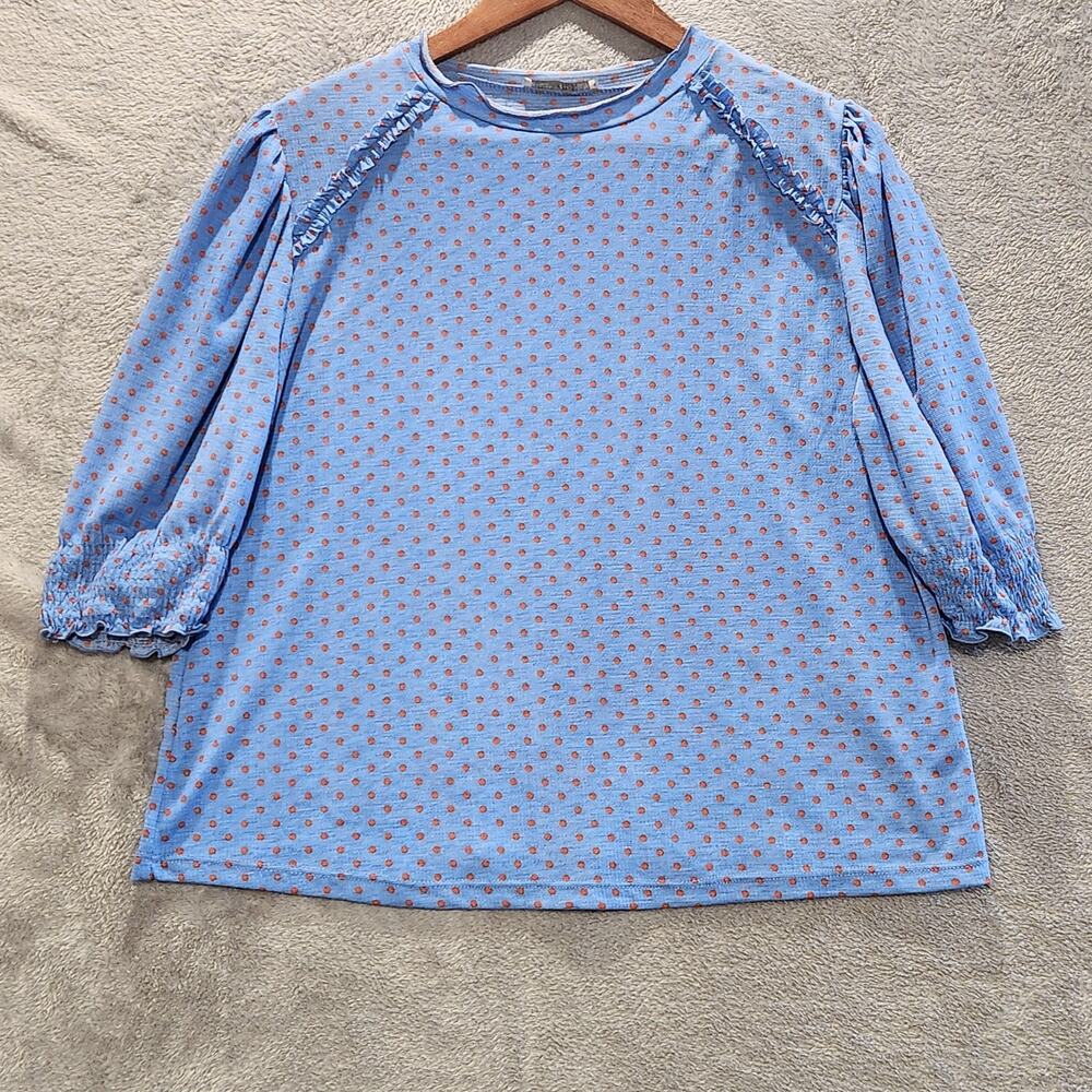Zara Collection Womens Blue Orange Polka Dot Blouse Ruffle Sleeves Size Medium